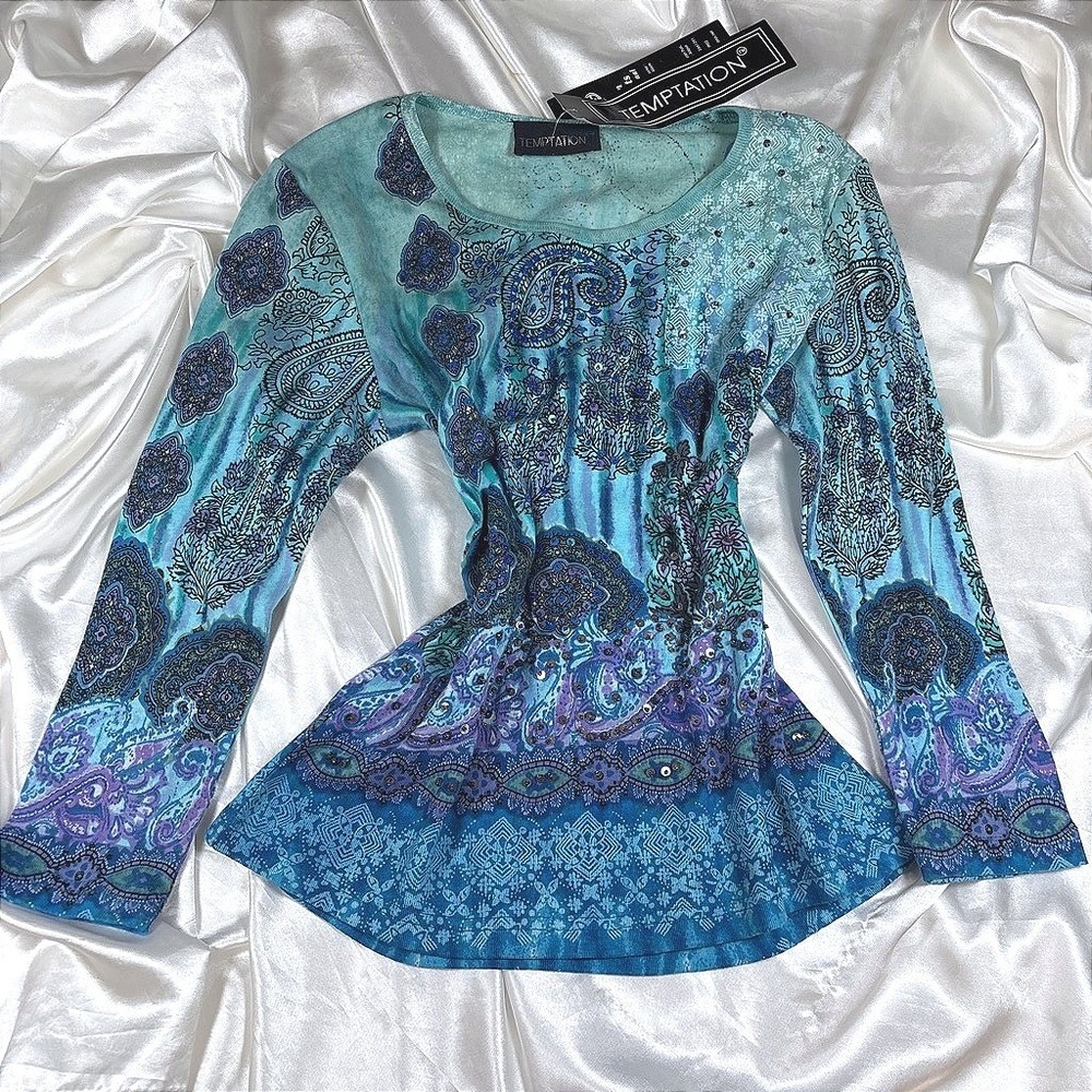 y2k Temptation Top Blue NEW Paisley Sequin Long Sleeve Crew Neck Tee